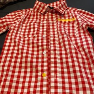 Red and white plaid button down tan cargo shorts